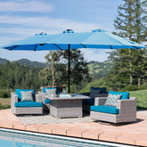 HAOYYE 15x9ft Large Double Sided Rectangular Outdoor Patio Market Umbrella with Lights and Base Blue Twin Canopy Sun Shade for Deck Garden Pool Backyard Balcony Heavy Duty UV Resistant Waterproof Fabric Easy Crank Lift